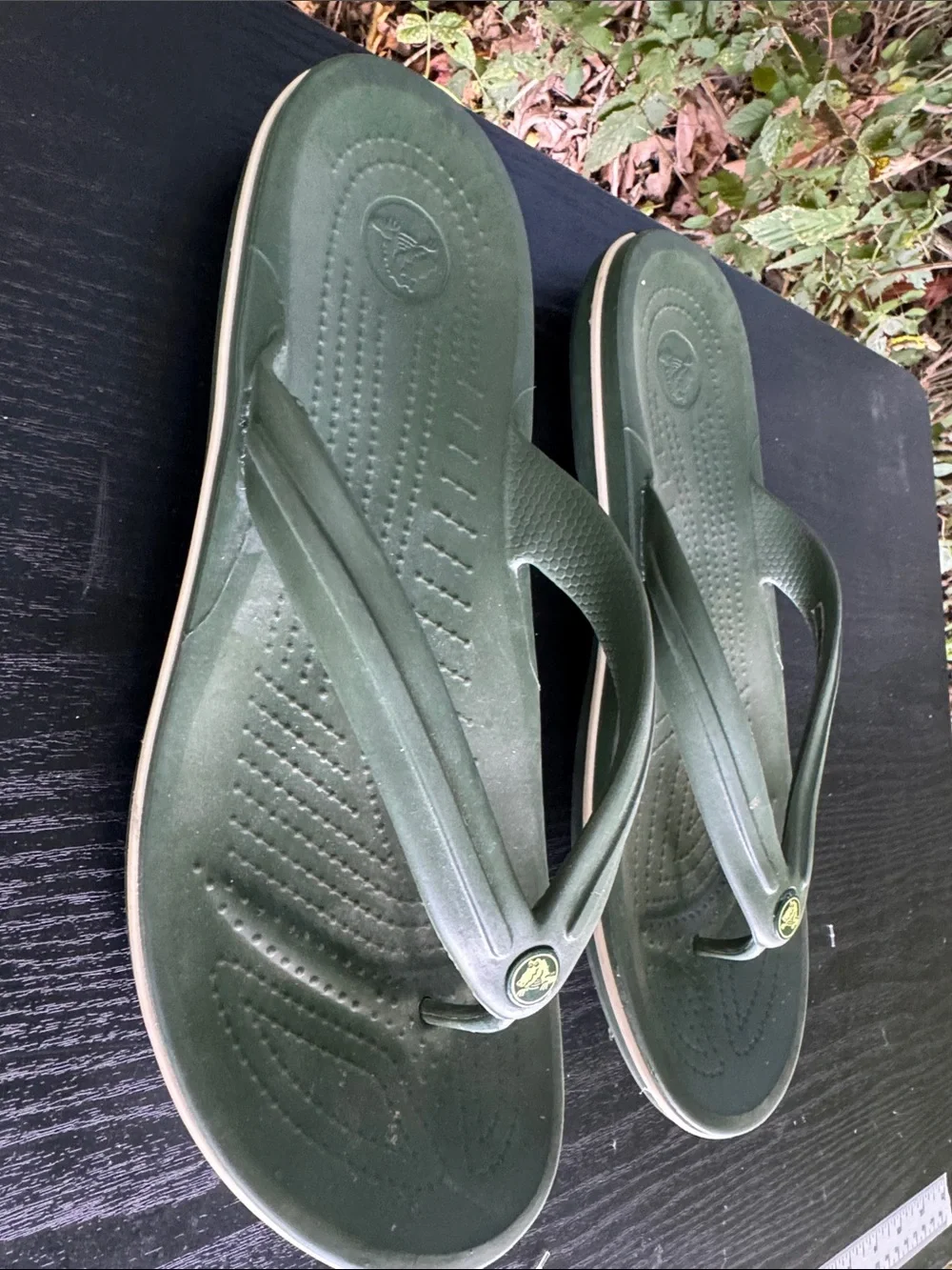CROCS Olive Green Flip Flops with Tan Trim